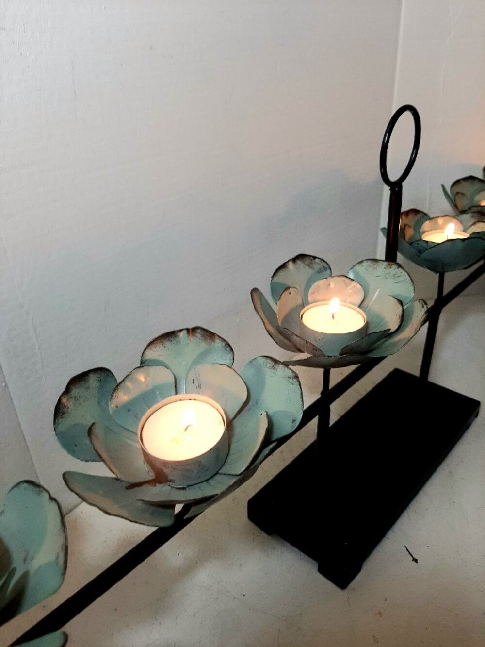 Distressed Turquoise and black metal lotur flower pedestal Tealight candleholder